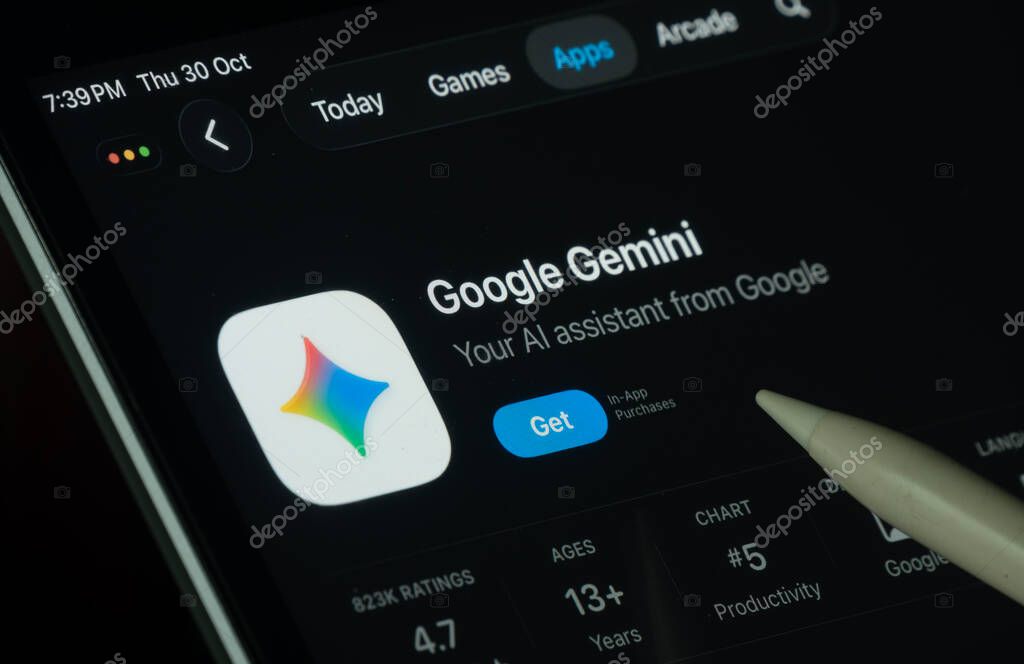 Dhaka, Bangladesh- 30 Oct 2025: Google Gemini app displayed on a iPad screen in dark mode with a digital pen pointing at it.