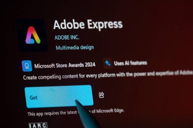 Dhaka, Bangladeş - 19 Sep 2025: Microsoft Store 'dan Adobe Express uygulamasının yakın çekimi bir dizüstü bilgisayarda gösteriliyor.