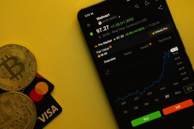Dhaka, Bangladeş - 30 Haziran 2025: Bitcoin, Visa ve Mastercard 'lı bir ticaret uygulamasında Walmart hisse senedi verilerini canlı sarı arka planda gösteren akıllı telefon.