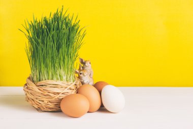 Tavuk potu çim beyaz tahta ve sarı arka plan üzerinde yumurta. Seçici odak, tonlu görüntü, film etkisi