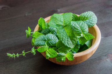 Yeşil taze nane om ahşap masa