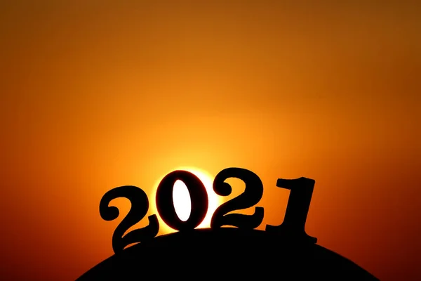 New Year 2021 Word 2021 Mountain Golden Sunset Beautiful Sky — Stock Photo, Image