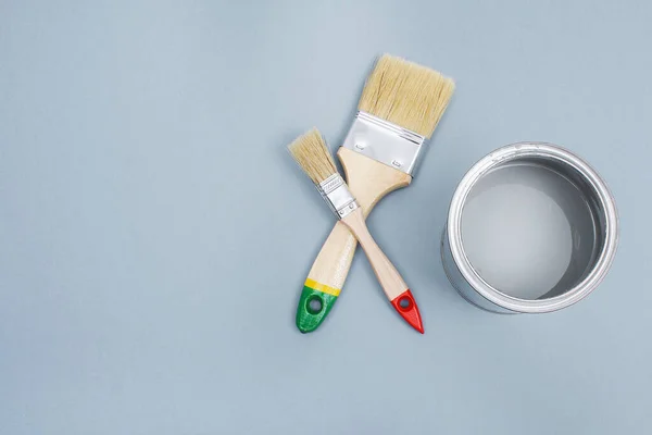 Open Paint Enamel Cans Gray Palette Samples Concept Repair Construction — Stock Photo, Image