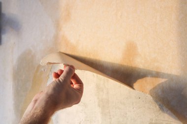Bir adam eski duvar kağıdını bir spatula ve su dolu bir spatulayla temizler..