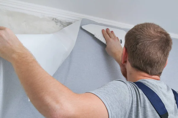 Homem cola papel de parede de vinil cinza em um suporte não-tecido. Renovação da sala. — Fotografia de Stock