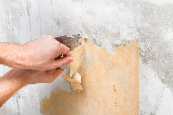 Um homem remove papel de parede velho com uma espátula e spray garrafa com água. — Fotografia de Stock