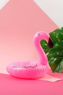 Şişirilebilir pembe flamingo ve pembe arka planda tropikal yaprak canavarı. Yaratıcı yaz plajı