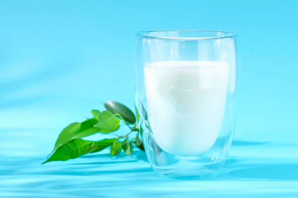 Milchglas auf blauem Hintergrund. Milchprodukte. — Stockfoto