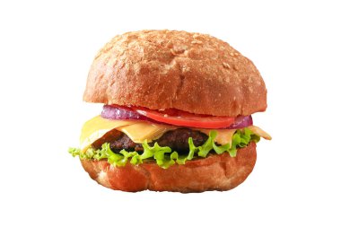 Pirzola, salata, soğan, domates ve peynirli ev yapımı hamburger. Çizburger, hamburger..