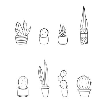 Elle çizilmiş kaktüs siyah beyaz set