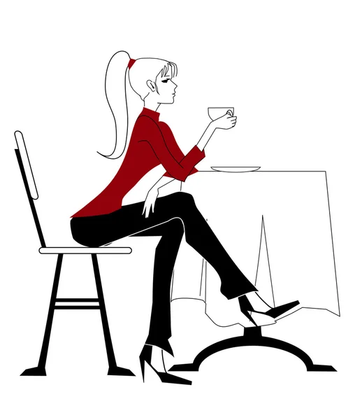 Ragazza in un maglione rosso in un caffè , — Vettoriale Stock