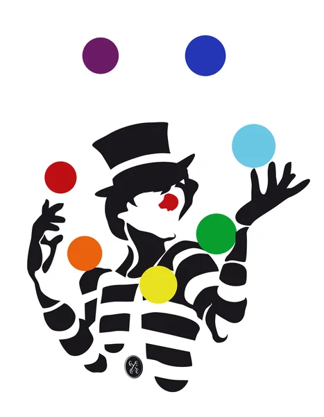 Clown, Pantomime Jonglierbälle Farben des Regenbogens — Stockvektor