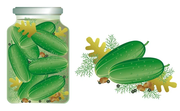Set di cetrioli maturi. progettazione di uno stile di vita sano o dieta. Set per decapaggio cetrioli e pepe, aneto e foglie di quercia. Illustrazione vettoriale . — Vettoriale Stock