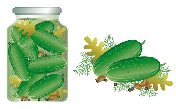 Reihe reifer Gurken. Gestaltung einer gesunden Lebensweise oder Ernährung. Set zum Einlegen von Gurken und Paprika, Dill und Eichenblättern. Vektorillustration. — Stockvektor