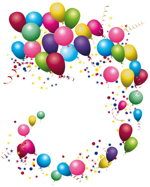 Hochglanz-Luftballons. Farbiges Konfetti mit Bändern und Luftballons auf dem weißen. Karte, Urlaub — Stockvektor