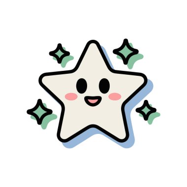 Şirin Kawaii Yıldız Karakteri Parlayan Yıldız elementleriyle çevrili gülümsüyor
