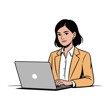 İş kadını ofis profesyonel ortamında dizüstü bilgisayarda çalışıyor.