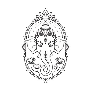 Lord Ganesha boyama kitabı için nilüfer çiçekleri ile illüstrasyonun ana hatlarını çizdi.
