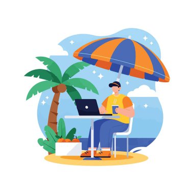 Kumsalda dizüstü bilgisayar ve kahveyle uzaktan çalışan bir adam.