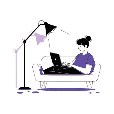Kanepede Çalışan Kadın Ev Vektörü Illustration Design
