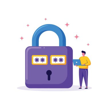 Bilgisayarı ve büyük kilidi kullanan kişi ile veri güvenliği kavramı