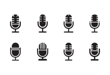 Mikrofon simgeleri siyah-beyaz vektör illüstrasyonunda koleksiyon ayarlandı