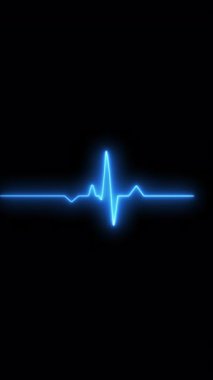 Parlayan mavi neon EKG ya da siyah ekranda kalp atışı çizgisinin yer aldığı minimalist dikey bir döngü hayatı, tıbbi ve veri ritmini sembolize eder..
