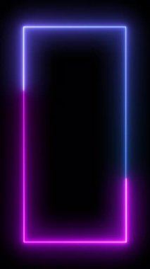 Parlayan mavi ve mor neon dikdörtgen bir çerçevenin temiz dikey döngüsü, ürünleri, metni veya sosyal medya promosyonları için mükemmel.