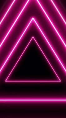 Müzik, parti ve sosyal medya görselleri için harika bir üçgen tünel oluşturan pembe ve mor neon çizgilerden oluşan dinamik bir dikey döngü..
