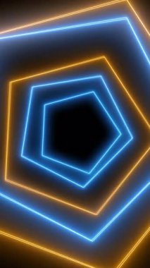 Parlayan turuncu ve mavi neon çokgen şekilli yüksek enerjili dikey bir döngü soyut bir tünel oluşturuyor, hız ve bilim kurgu görselleri için harika..