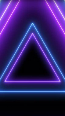 Parlayan mavi ve mor neon üçgen çerçeve içeren dinamik bir dikey döngü, metin veya logo için ideal, modern, yüksek enerjili bir videoda.
