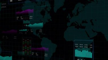 Holografik dünya haritası, çeşitli dijital veri noktaları ve hareket çizgileri içeren yüksek teknolojili bir video, küresel teknoloji raporları için mükemmel..