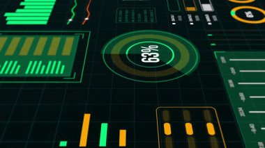 Tarayıcı ve çoklu dairesel veri gösterimi gibi merkezi radarları olan canlı yeşil bir HUD 'nin dinamik hareket grafiği.