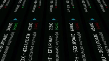 Finansal hisse senedi verilerini ve rakamları çapraz olarak gösteren dinamik bir hareket grafiği, hızlı ve hızlı bir ekran efekti yaratır.