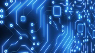 Yüksek teknoloji, veri, ağ ve hesaplamayı sembolize eden, parlayan mavi çizgileri olan soyut bir devre kartının dinamik hareketli grafiği.