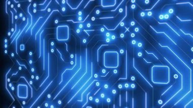 Etkin düğümler ve bağlantı hatları ile mavi parlayan devre yolları, IT, AI ve elektronik videolar için idealdir.