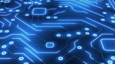 Sanal seyahat kavramları için harika, 3D perspektifte parlayan mavi çizgileri olan bir dijital devre kartı yolu içeren modern bir hareket grafiği.