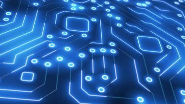 Mavi parlayan çizgilerin aktif olarak oluştuğu, veri akışını ve yenilikleri simgeleyen bir dijital devre kartının dinamik hareketli grafiği.