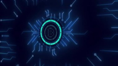 Dinamik, dönen dijital halkalar ve devre yollarıyla çevrili bir Bitcoin sembolünün geleceksel hareketli grafiği, güvenli teknolojiyi temsil ediyor..