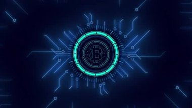 Dijital devre arka planında çoklu eşmerkezli parlayan halkaları olan Bitcoin sembollü büyüleyici bir hareket grafiği, yüksek teknolojili giriş için mükemmel..