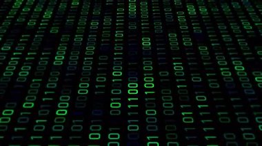 Ekrandan hızla akan yeşil ikili kodlu dinamik bir hareket grafiği eğik bir perspektif ve hareketle görüntülenir.