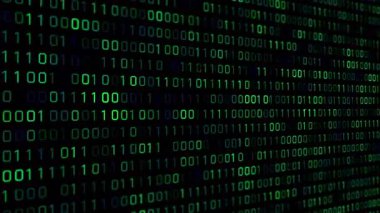 Üst üste binen yeşil ikili kodlar ve bir ekrandan aşağı akan numaralar içeren klasik bir hareket grafiği, kodlama, bilişim ve matris temaları için harika..