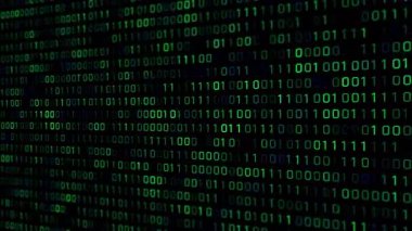 Yazılım ve siber güvenlik içeriği için ideal yeşil sayıların ve ikili kodların sürekli akışını gösteren çok yönlü bir grafik.