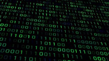 Koyu bir arkaplan boyunca uzanan, kodlama ve teknolojik kavramlar için ideal, sürekli yeşil dijital ikili kod ve sayıların yer aldığı klasik bir hareket grafiği..