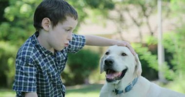 Büyük beyaz bir köpek ile açık havada oynayan çocuk