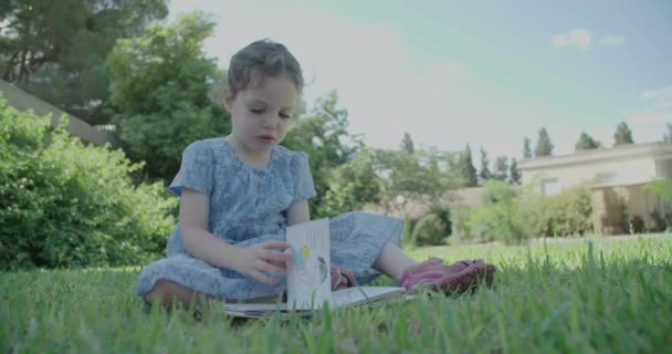 Petite fille lisant un livre pour enfants à l'extérieur — Video