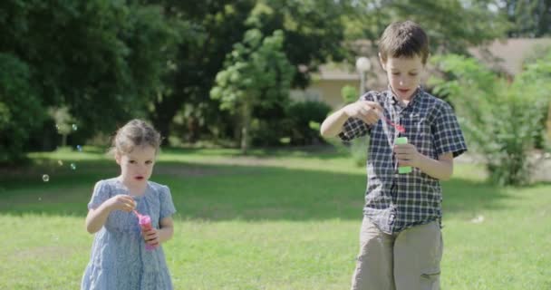 Un chico y una chica soplando burbujas de jabón — Vídeos de Stock