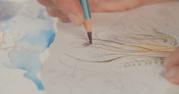 Primer plano de un artista dibujando con lápices de colores — Vídeos de Stock