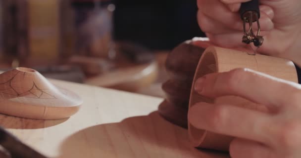 Mujer haciendo pirografía sobre madera, proceso creativo — Vídeo de stock