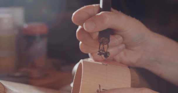 Mujer haciendo pirografía sobre madera, proceso creativo — Vídeo de stock